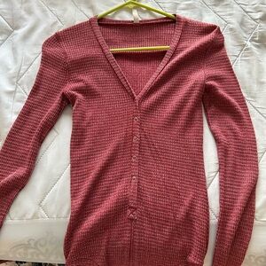 Women's V-Neck Button-Up Sweater - Red
